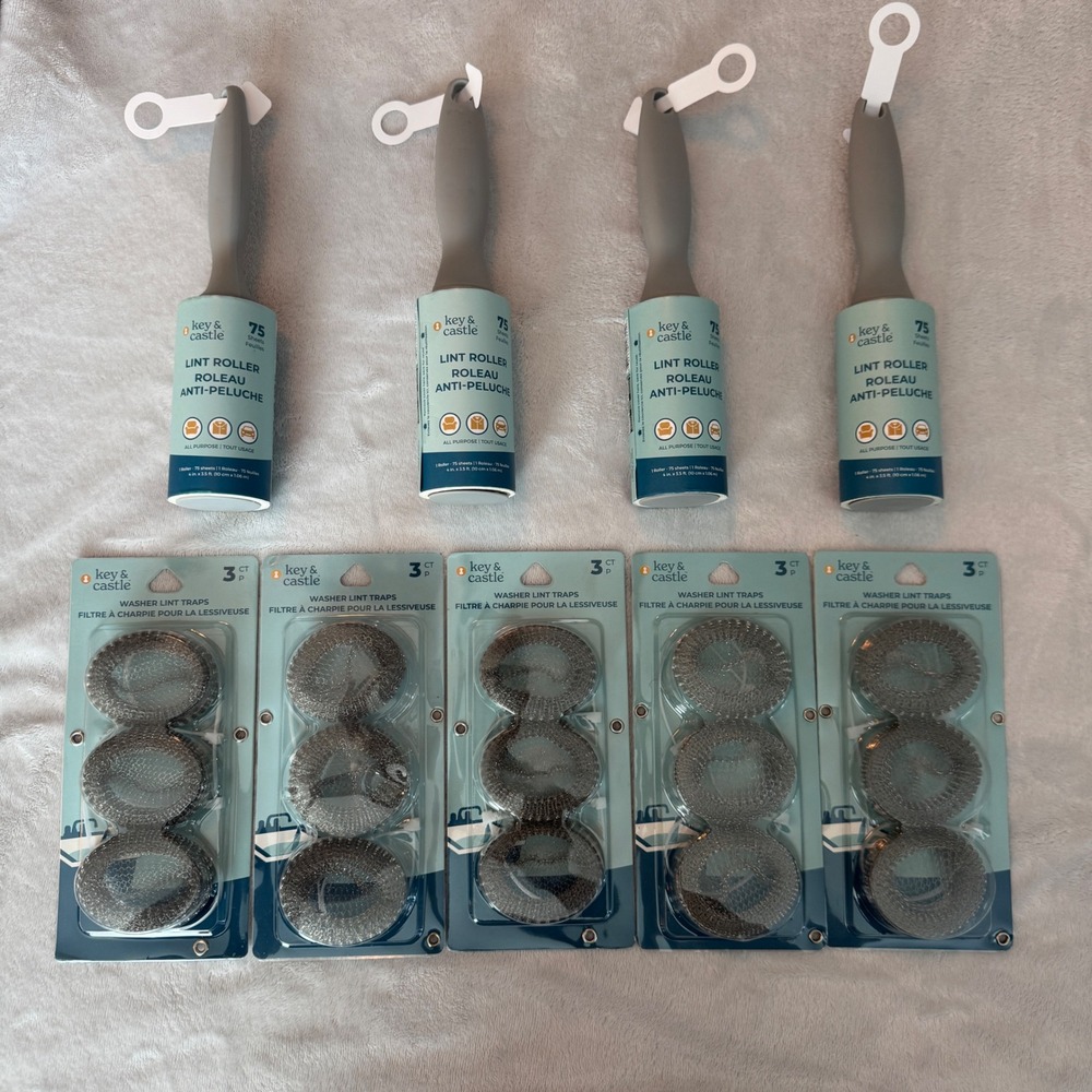 Key & Castle 4 Lint Rollers 75ct & 5 Packs Washer Lint Traps 3ct Bundle New